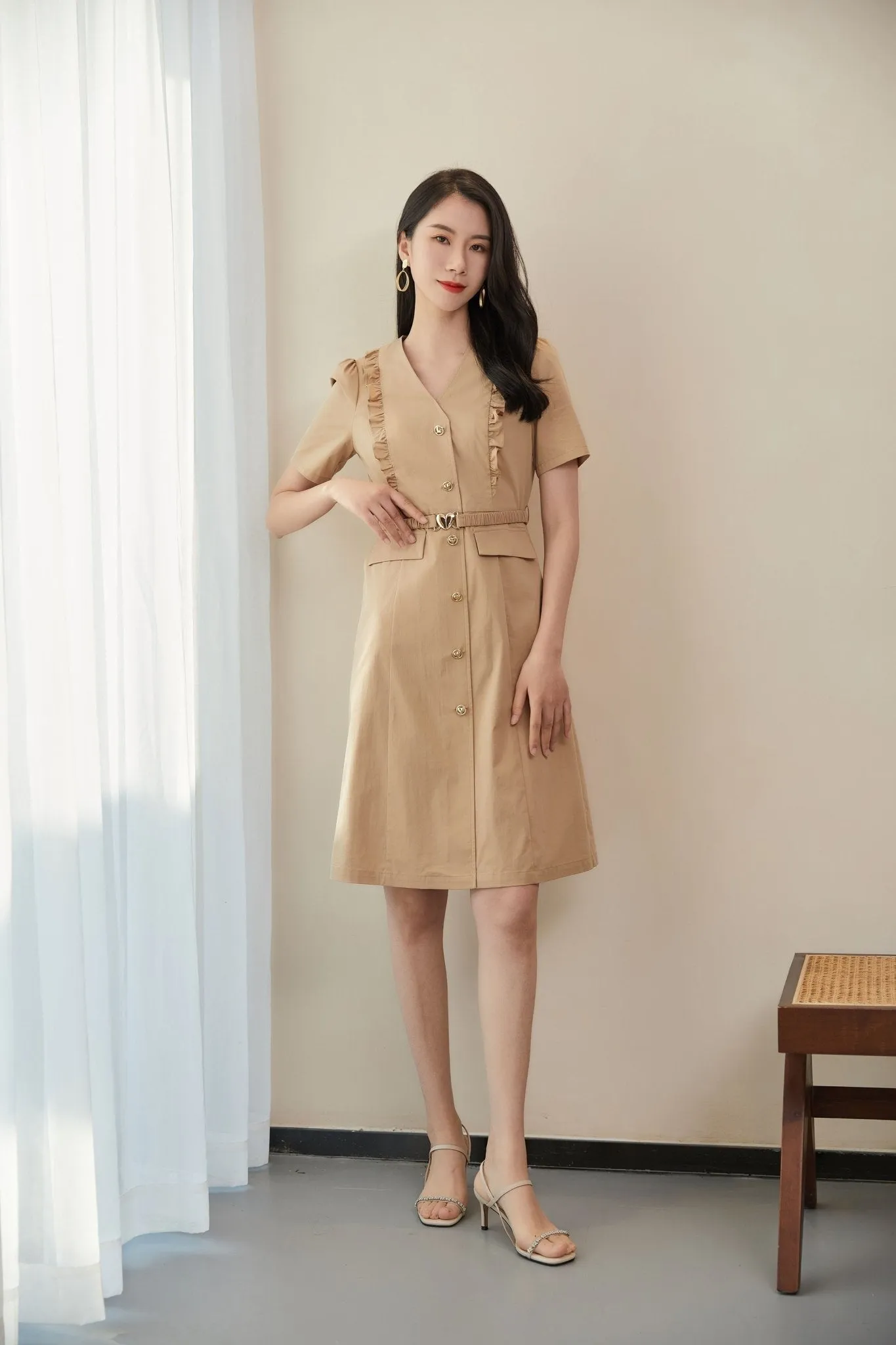 Camel Midi Dress With Button V Neck